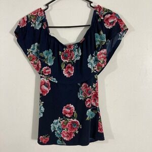 E&M Floral Off The Shoulder Ruffle Top Women S Navy Blue Pink EM3550